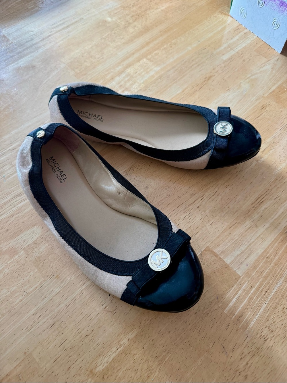 Michael Kors Black and Beige Patent Toe Ballet Flats